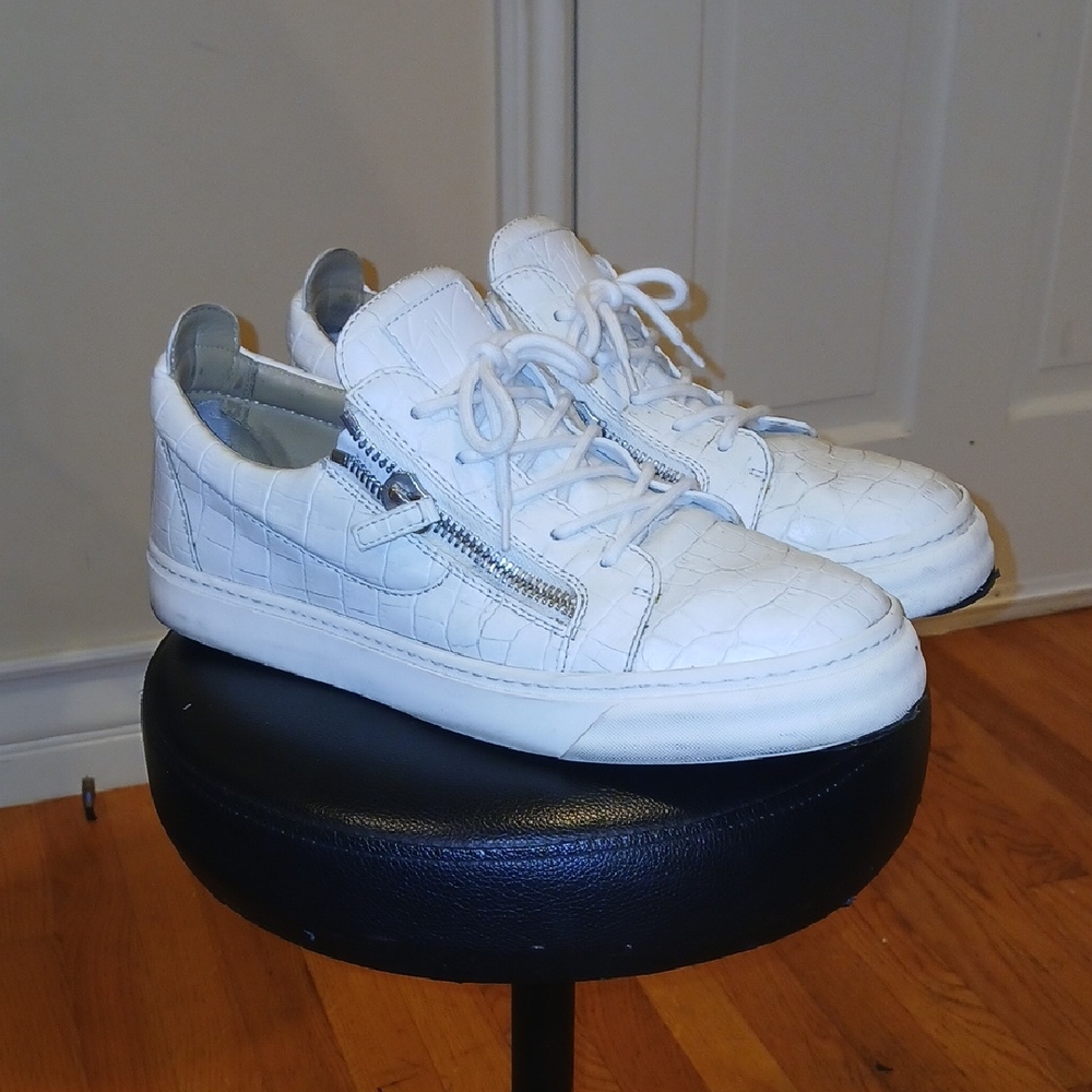 Guisseppe Zanotti White Croc-Embossed Sneakers with Zipper Detail